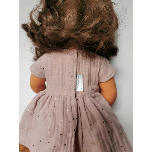 Elegantes rosa Olimi-Kleid für Miniland 38 cm Puppe mit goldenen Pailletten