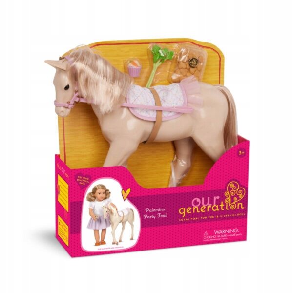 Puledro Palomino Party 30 cm con coperta Our Generation e accessori
