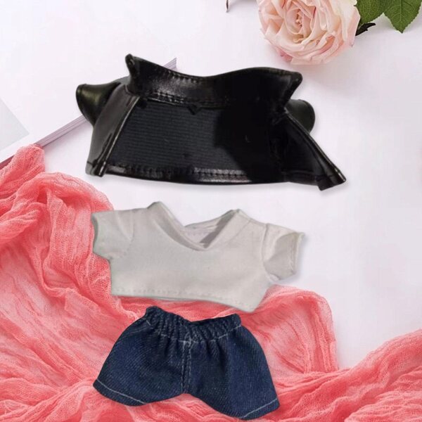 Set 3 vestiti per bambole 15-17 cm con giacca in ecopelle, t-shirt e pantaloni
