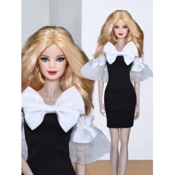 Schwarzes Cocktailkleid mit Schleife und Sandalen für 29-cm-Puppe