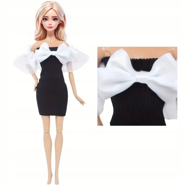 Schwarzes Cocktailkleid mit Schleife und Sandalen für 29-cm-Puppe