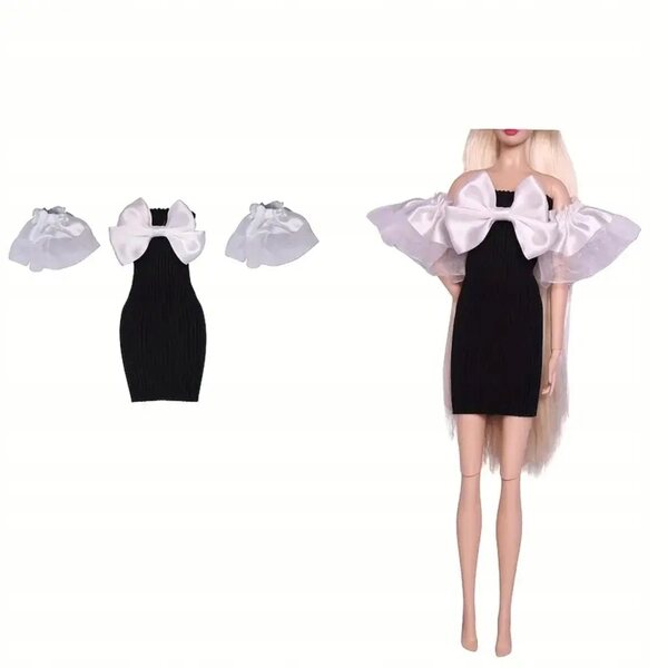 Schwarzes Cocktailkleid mit Schleife und Sandalen für 29-cm-Puppe