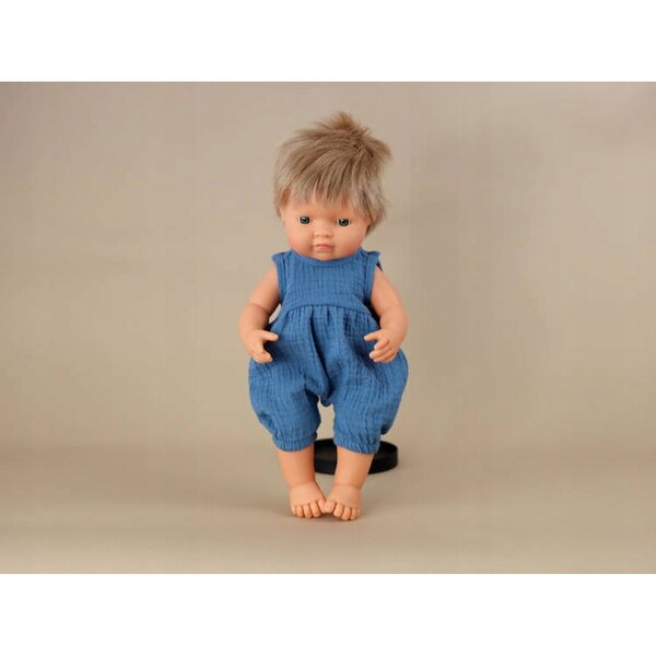 Jeansblaue Pumphose aus Baumwoll-Musselin für Miniland 38 cm Puppe