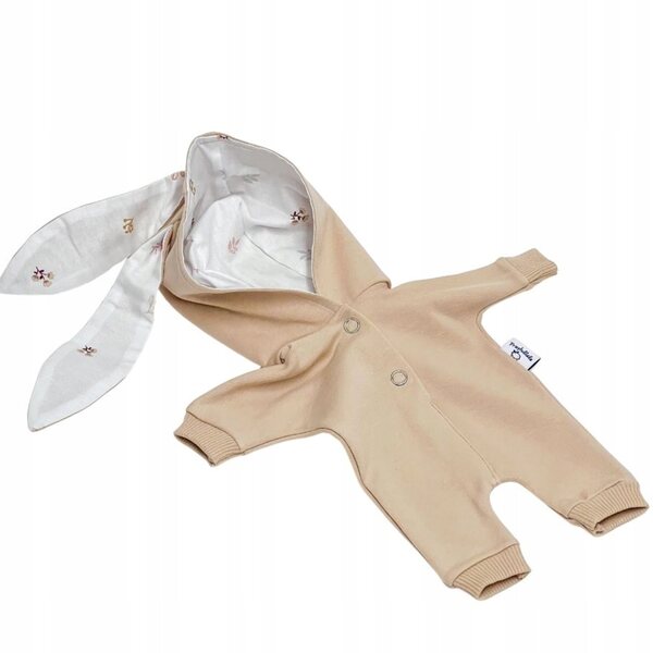 Kombinezon per bambole 34-38 cm con cappuccio e orecchie da coniglio, beige