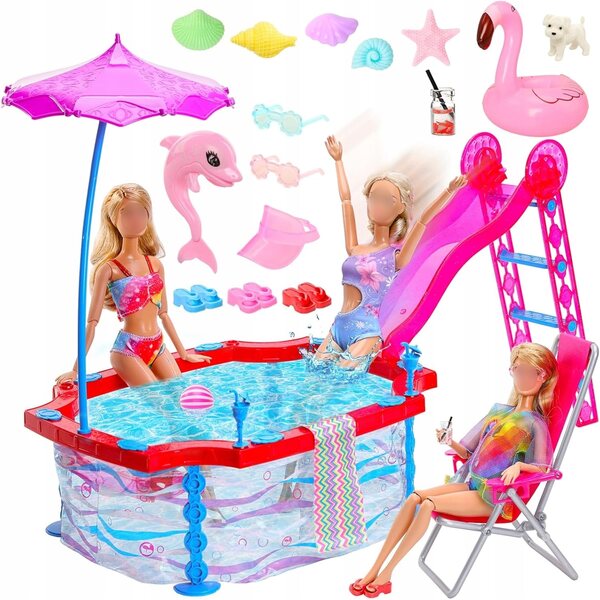 Set Vacanze per Bambole 30 cm con Piscina, Scala e Accessori Estivi