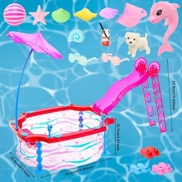 Set Vacanze per Bambole 30 cm con Piscina, Scala e Accessori Estivi
