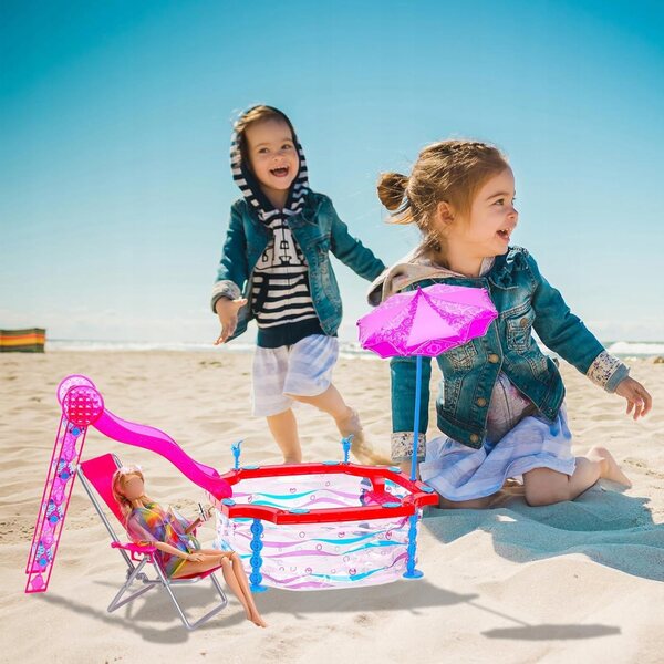 Set Vacanze per Bambole 30 cm con Piscina, Scala e Accessori Estivi