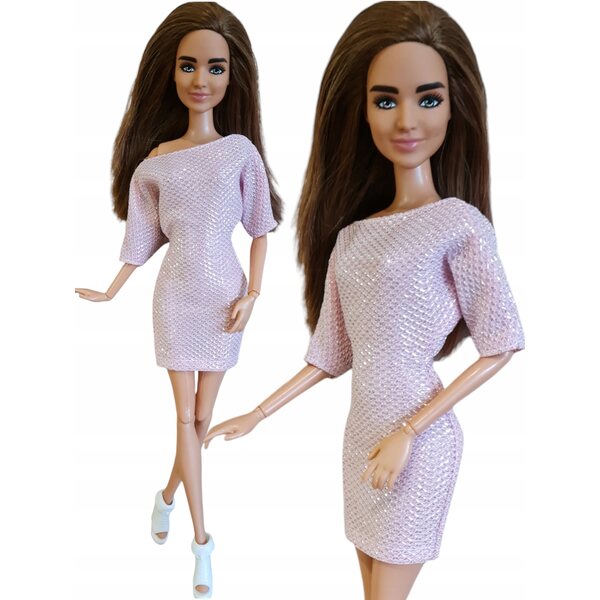 Rosafarbenes Kleid mit Glitzer für eine Puppe – handgenähte Kleidung, perfekt als Geschenk