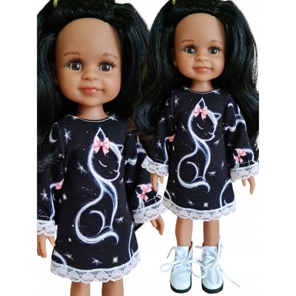 Schwarzes Kleid mit Katze für Paola Reina 32 cm Puppe mit eleganter Spitze