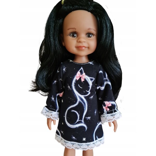 Schwarzes Kleid mit Katze für Paola Reina 32 cm Puppe mit eleganter Spitze