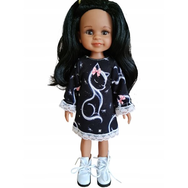 Schwarzes Kleid mit Katze für Paola Reina 32 cm Puppe mit eleganter Spitze
