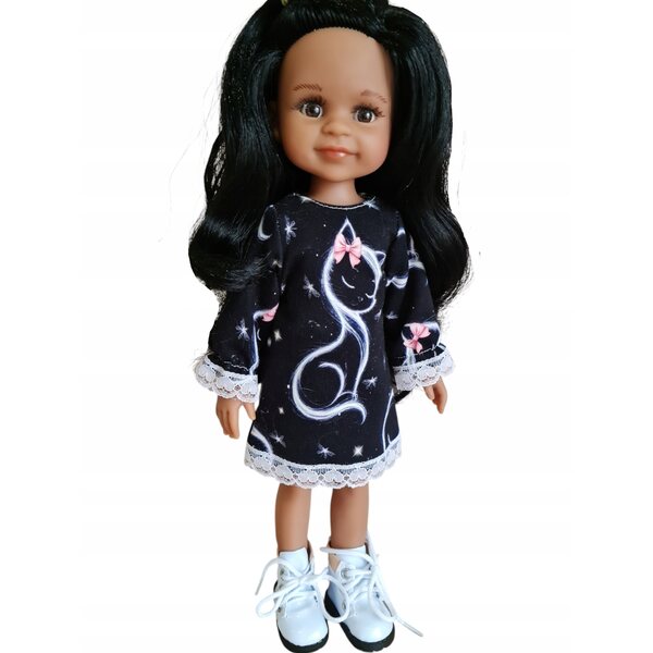 Schwarzes Kleid mit Katze für Paola Reina 32 cm Puppe mit eleganter Spitze