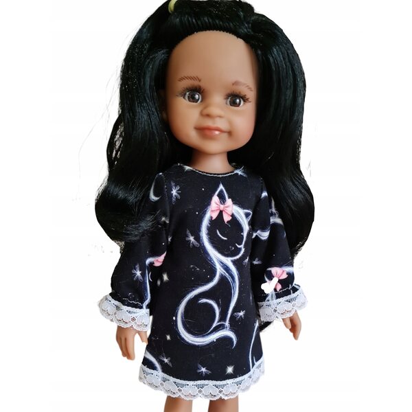 Schwarzes Kleid mit Katze für Paola Reina 32 cm Puppe mit eleganter Spitze