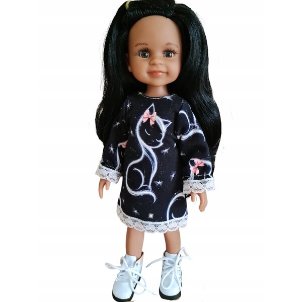 Schwarzes Kleid mit Katze für Paola Reina 32 cm Puppe mit eleganter Spitze