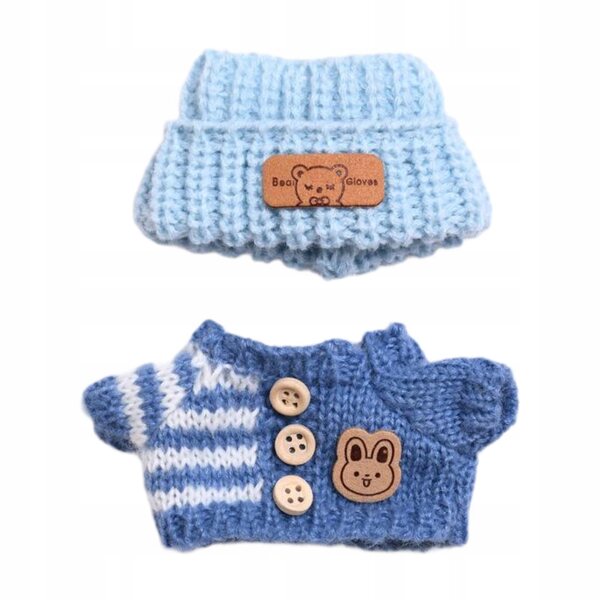 Kleidung für Puppen 15–17 cm: Blauer handgefertigter Pullover und weiche Mütze