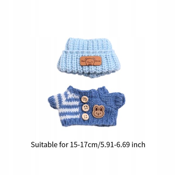Kleidung für Puppen 15–17 cm: Blauer handgefertigter Pullover und weiche Mütze