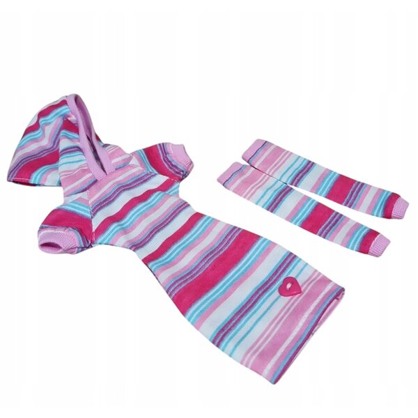 Puppenkleidung: Kapuzenkleid und bunt gestreifte Leggings