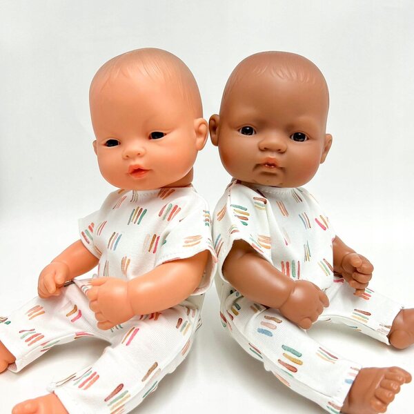 Wit gestreepte overall voor een Miniland-pop van 32 cm - katoenen kinderoutfit