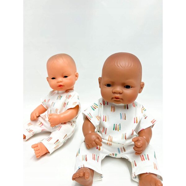 Wit gestreepte overall voor een Miniland-pop van 32 cm - katoenen kinderoutfit