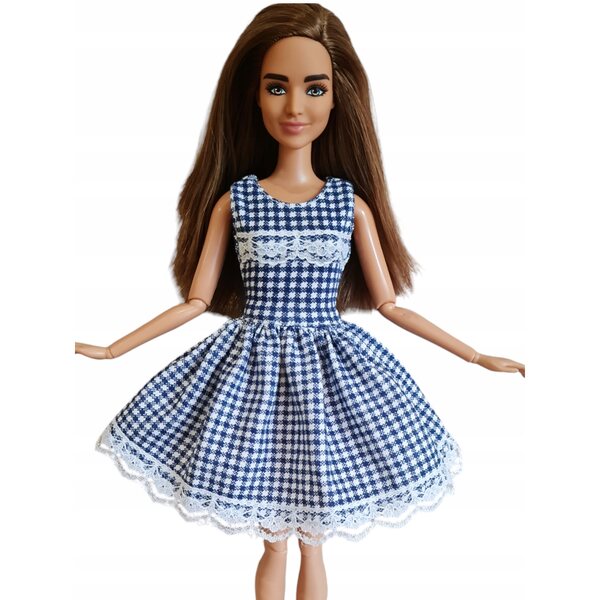 Marineblau-weiß kariertes Puppenkleid mit Spitze und Klettverschluss