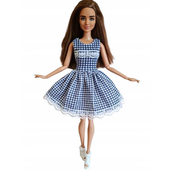 Marineblau-weiß kariertes Puppenkleid mit Spitze und Klettverschluss