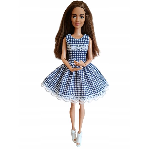 Marineblau-weiß kariertes Puppenkleid mit Spitze und Klettverschluss