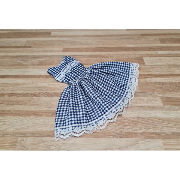 Marineblau-weiß kariertes Puppenkleid mit Spitze und Klettverschluss