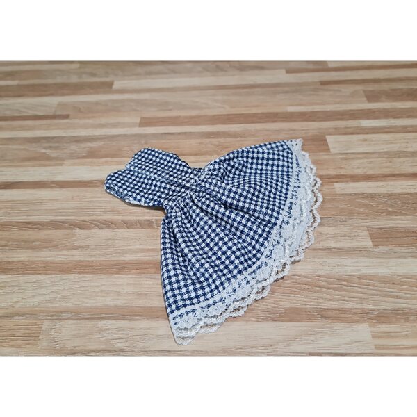 Marineblau-weiß kariertes Puppenkleid mit Spitze und Klettverschluss