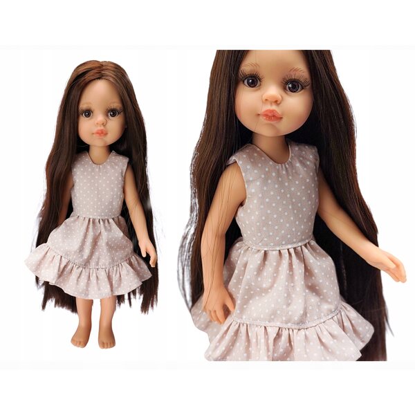 Beige gepunktetes Kleid für Paola Reina 32 cm Baumwollpuppe, hergestellt in Polen