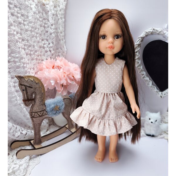 Beige gepunktetes Kleid für Paola Reina 32 cm Baumwollpuppe, hergestellt in Polen