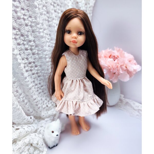Beige gepunktetes Kleid für Paola Reina 32 cm Baumwollpuppe, hergestellt in Polen