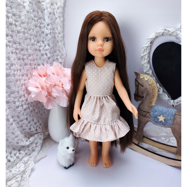 Beige gepunktetes Kleid für Paola Reina 32 cm Baumwollpuppe, hergestellt in Polen