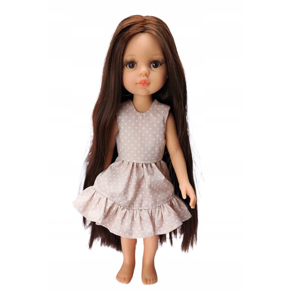 Beige gepunktetes Kleid für Paola Reina 32 cm Baumwollpuppe, hergestellt in Polen