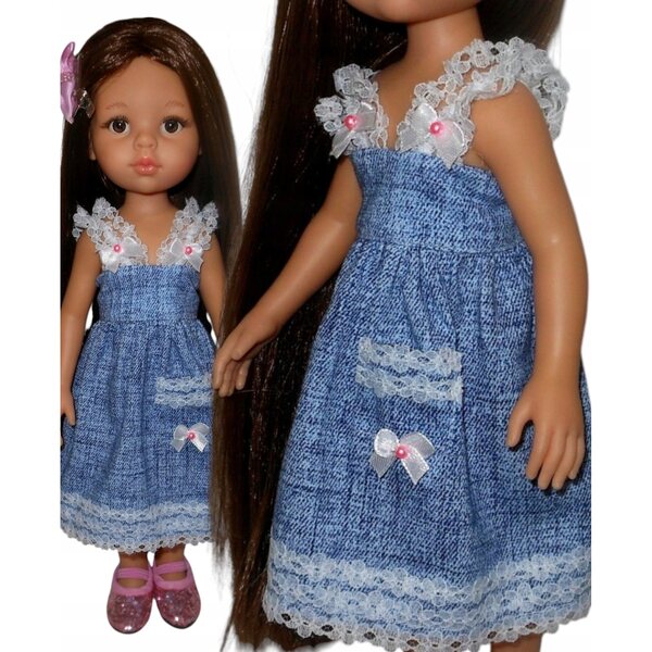 Paola Reina Puppenkleid, 32 cm, mit Spitze und Tasche, Denim