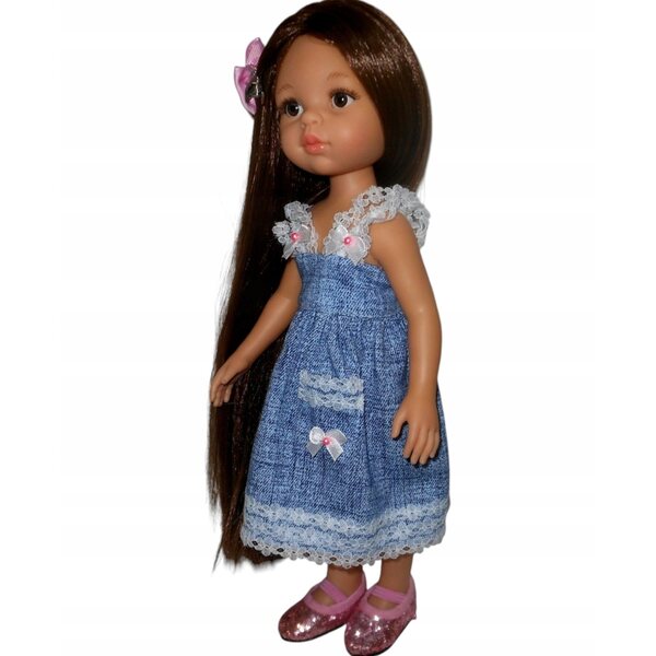 Paola Reina Puppenkleid, 32 cm, mit Spitze und Tasche, Denim