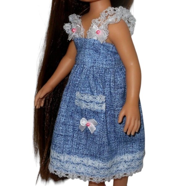 Paola Reina Puppenkleid, 32 cm, mit Spitze und Tasche, Denim