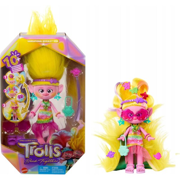 Mattel Trolls Hairsational Reveal Viva mit 10 Accessoires und flauschigem Haar