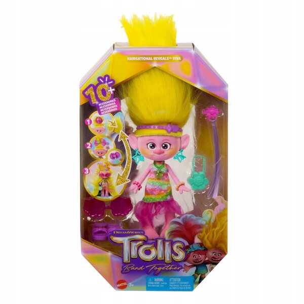 Mattel Trolls Hairsational Reveal Viva mit 10 Accessoires und flauschigem Haar
