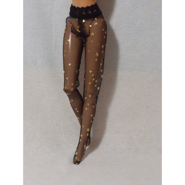Calze nere per bambola Barbie 29 cm con motivo a rete e glitter argento