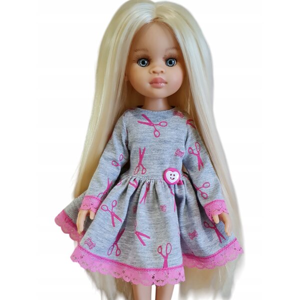 Graues Kleid für die spanische Puppe Paola Reina mit Spitze und Herzknopf