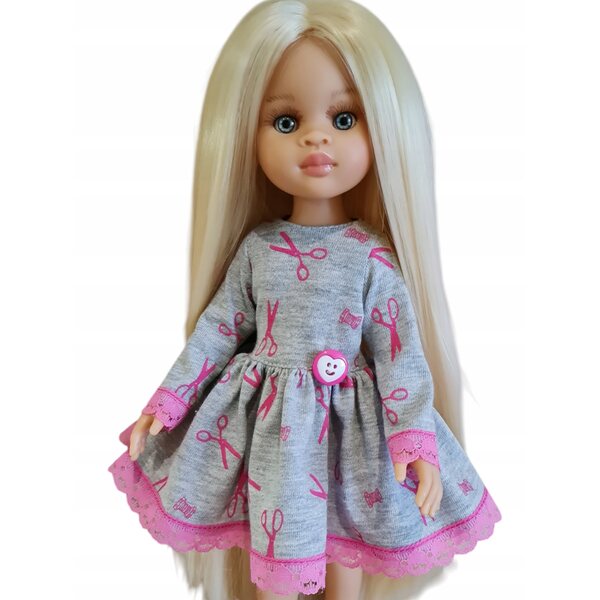Graues Kleid für die spanische Puppe Paola Reina mit Spitze und Herzknopf