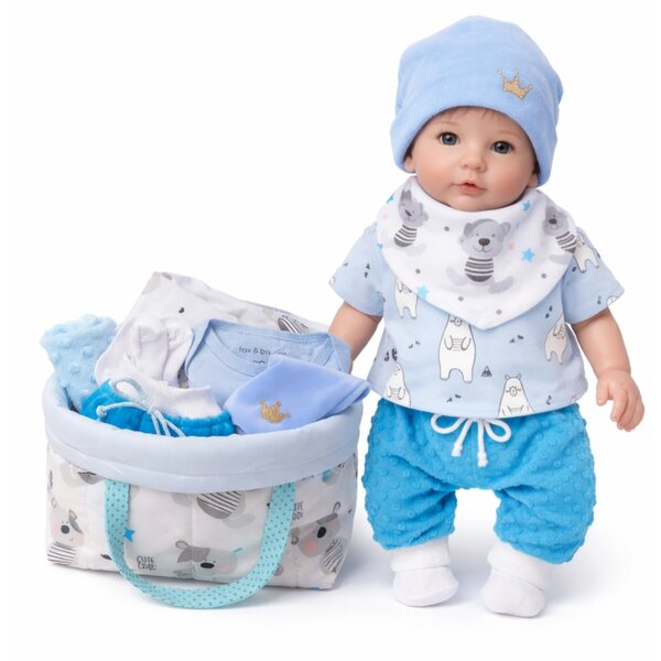 Wyprawka für 45 cm Puppe mit Tasche, Leinen und blauer Kleidung