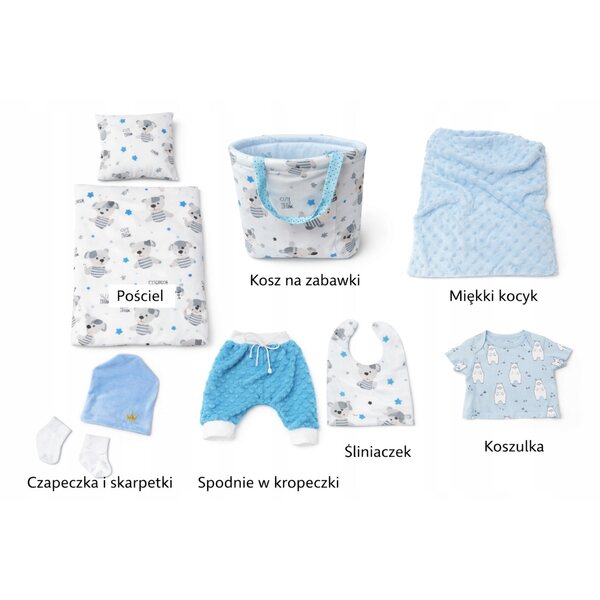 Wyprawka pour poupée 45 cm avec sac, linge et vêtements bleus