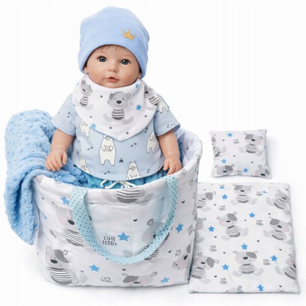 Wyprawka pour poupée 45 cm avec sac, linge et vêtements bleus
