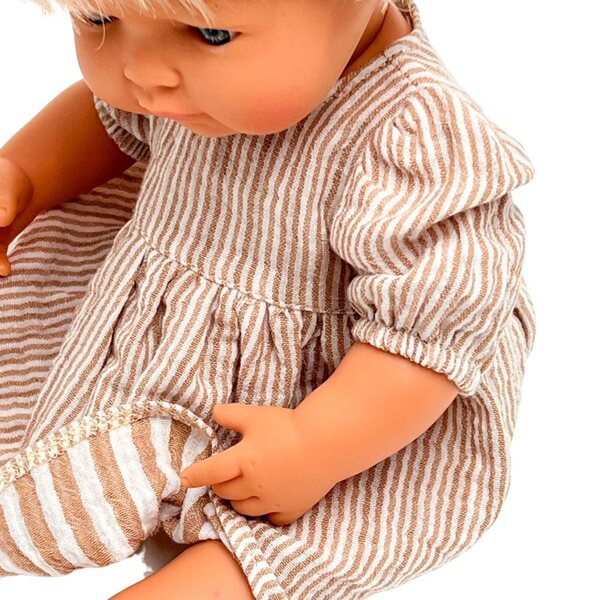 Beige gestreiftes Kleid für Miniland 38 cm und Minikane 34 cm Puppen