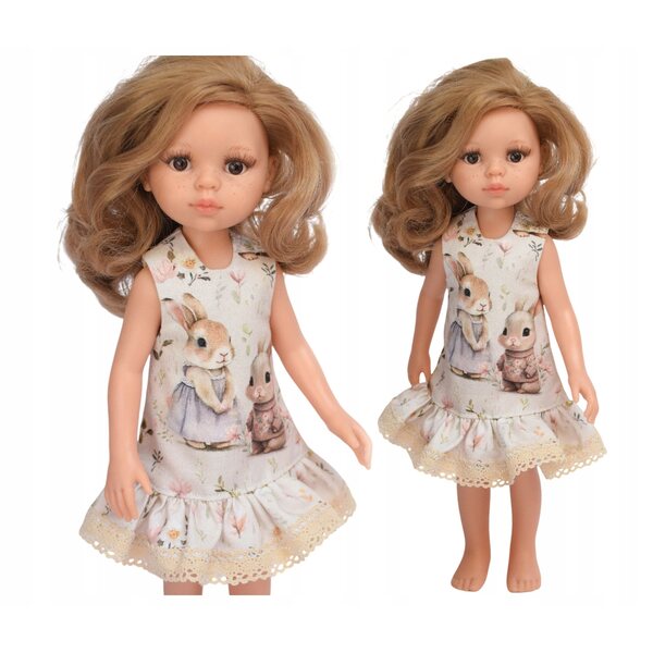 Kleid für Paola Reina 32 cm Puppe mit Hasen und Spitze aus Baumwolle