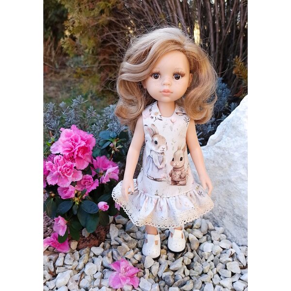 Kleid für Paola Reina 32 cm Puppe mit Hasen und Spitze aus Baumwolle