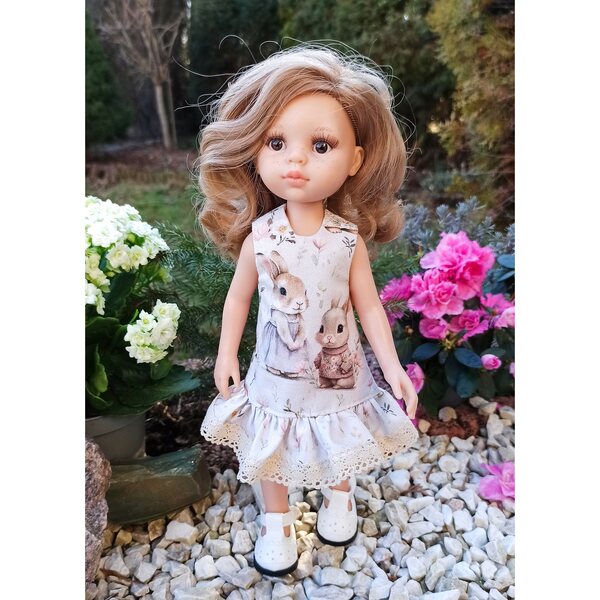 Kleid für Paola Reina 32 cm Puppe mit Hasen und Spitze aus Baumwolle