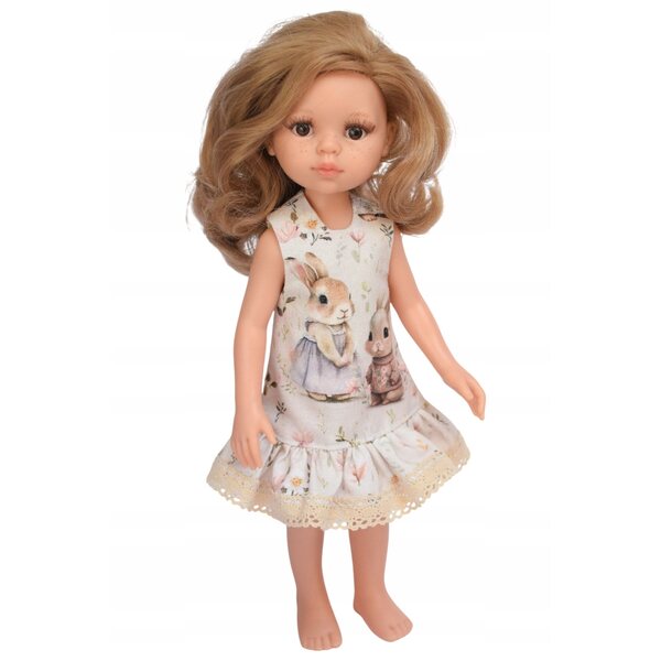 Kleid für Paola Reina 32 cm Puppe mit Hasen und Spitze aus Baumwolle