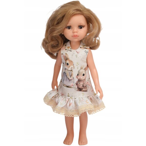 Kleid für Paola Reina 32 cm Puppe mit Hasen und Spitze aus Baumwolle